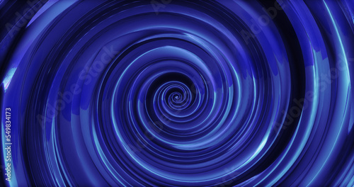 Abstract background with blue swirling funnel or swirl spiral made of bright shiny metal with glow effect. Screensaver beautiful