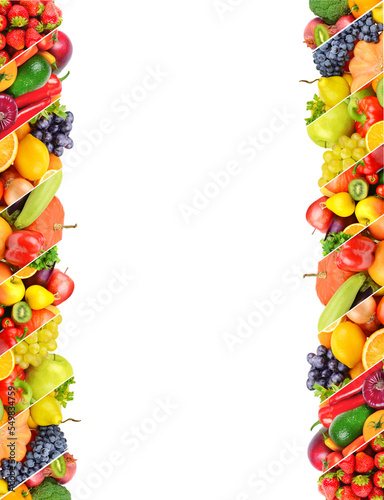 Fototapeta Naklejka Na Ścianę i Meble -  Set of vegetables and fruits isolated on white . Vertical photo. Collage. Free space for text.