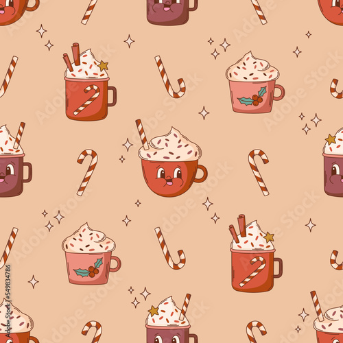 Retro Christmas cocoa seamless vector pattern. Hot chocolate mascot character