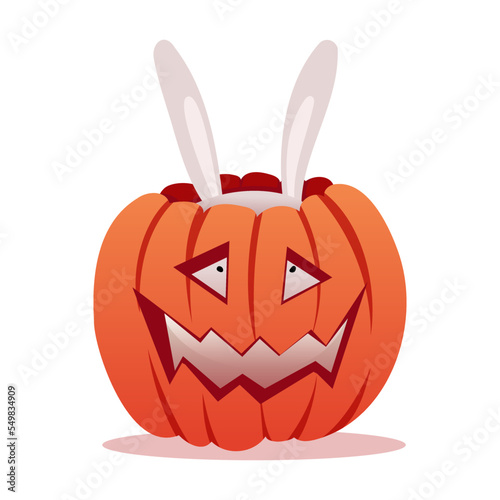 Vector white eared rabbit hides in an orange Halloween pumpkin. Peeps out of the holes of the pumpkin, long ears stick out from above