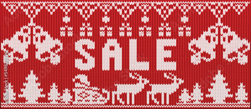 Winter Sale knitted banner with santa claus and christmas reindeer, vector illustration