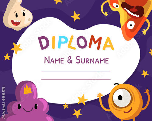 Diploma with Cartoon Monster Character with Funny Face Vector Template