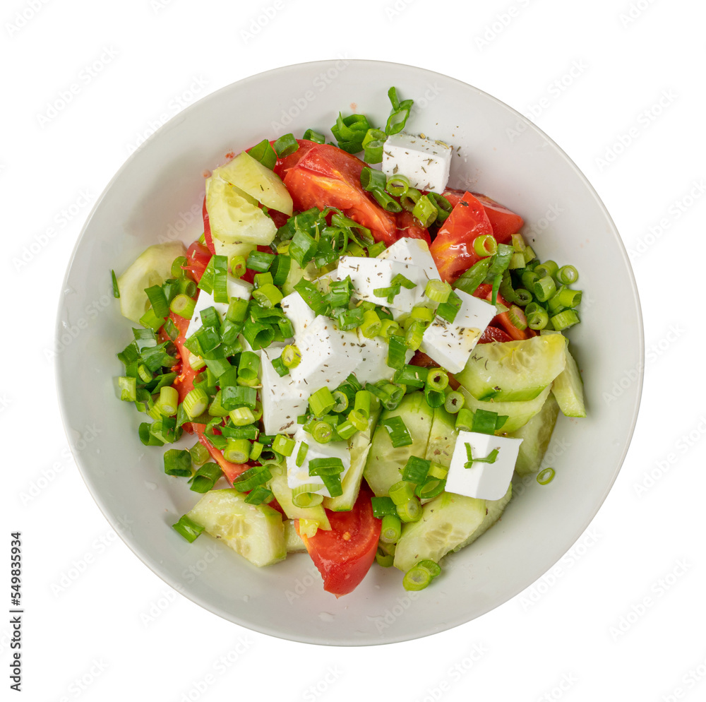 Greek Salad in White Bowl Top View Isolated. Fresh Garden Salat, Greek Salad with Green Onion, Feta Cheese