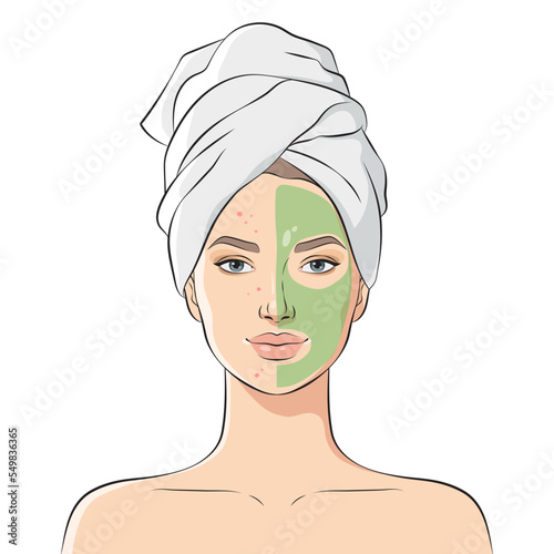 Woman with problem skin uses cosmetic mask, vector illustration