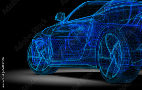 Blue generic unbranded wireframe car in the dark