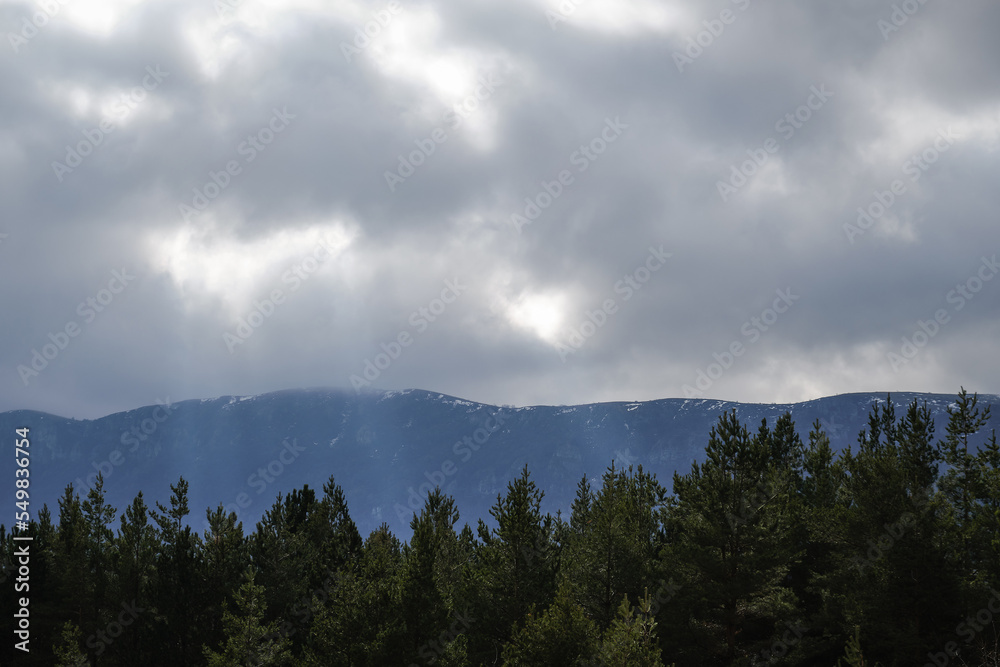 Sunrays falling between the pine tree forest and snow covered mountains through the murky clouds