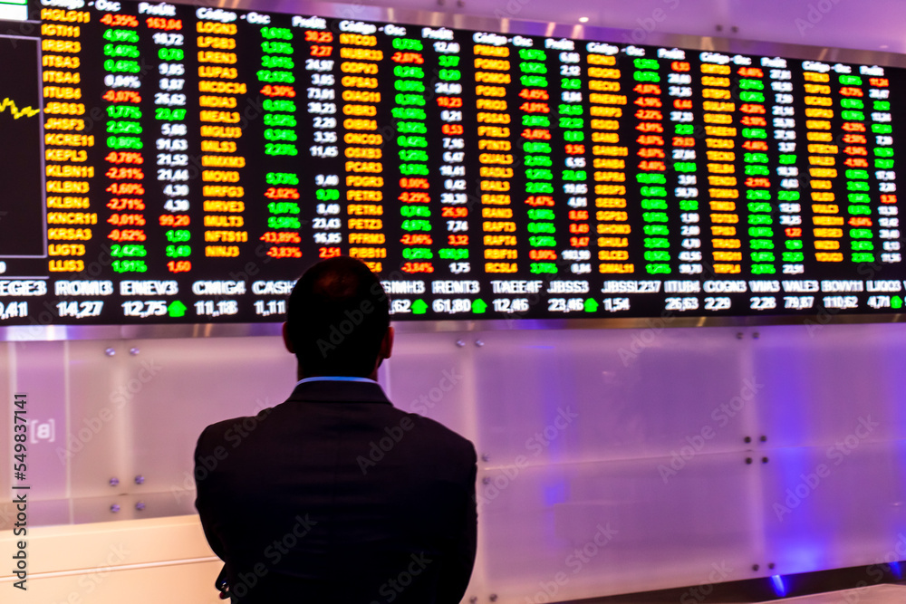 Sao Paulo, Brazil, November 22, 2022. Display with stock quotes in the  modern visitor center of