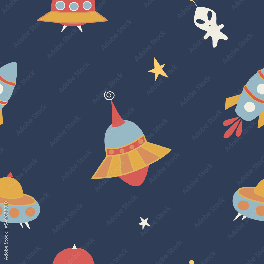 Flying Saucers UFO texture for fabric textile, wallpaper, apparel, wrapping, vector seamless pattern background
