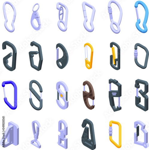 Carbine icons set isometric vector. Clip hook. Carabine climber
