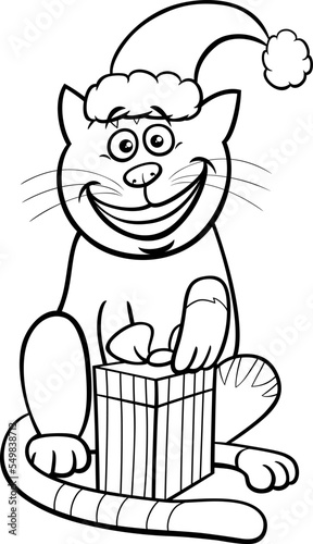 cartoon cat with Christmas present coloring page