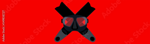 illustration of a diving mask with crossed fins on red background, risky diving icon, dangerous diving icon