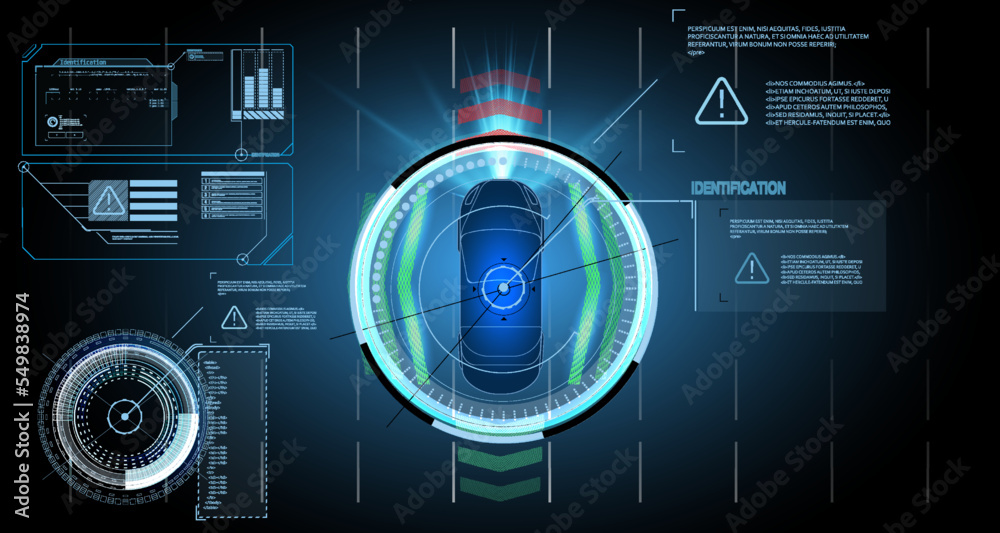 Car interface in HUD, GUI, UI style. Automotive sensing system concept. Autonomous car. Driver assistant system. Car top view with electronic digital interface, parameters and options, scans the road
Car interface in HUD, GUI, UI style. Automotive sensing system concept. Autonomous car. Driver assistant system. Car top view with electronic digital interface, parameters and options, scans the road