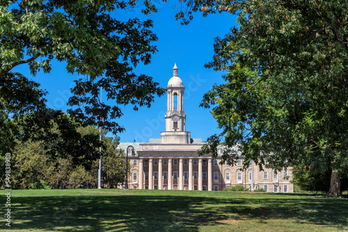 The Old Main building on the campus of Penn State University in sunny morning, University Park, State College, Pennsylvania.	 photo