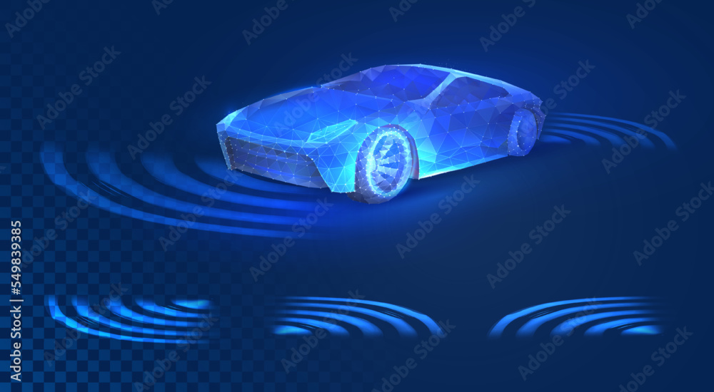 Autonomous car with touch sensors in a futuristic style. A smart vehicle with motion sensors for