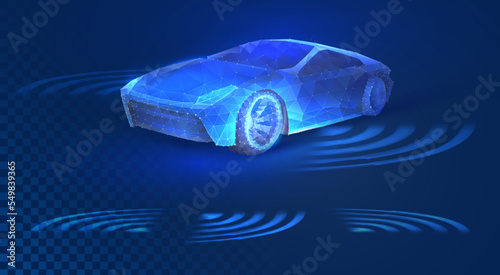 Autonomous car with touch sensors in a futuristic style. A smart vehicle with motion sensors for safe driving. Vector illustration of a holographic transport silhouette