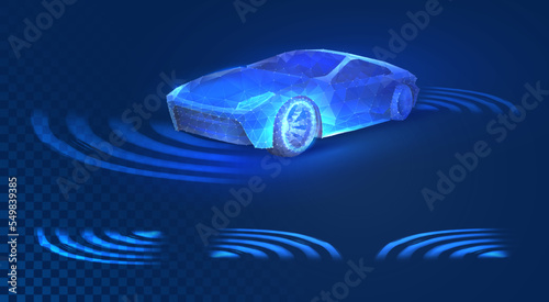Autonomous car with touch sensors in a futuristic style. A smart vehicle with motion sensors for safe driving. Vector illustration of a holographic transport silhouette