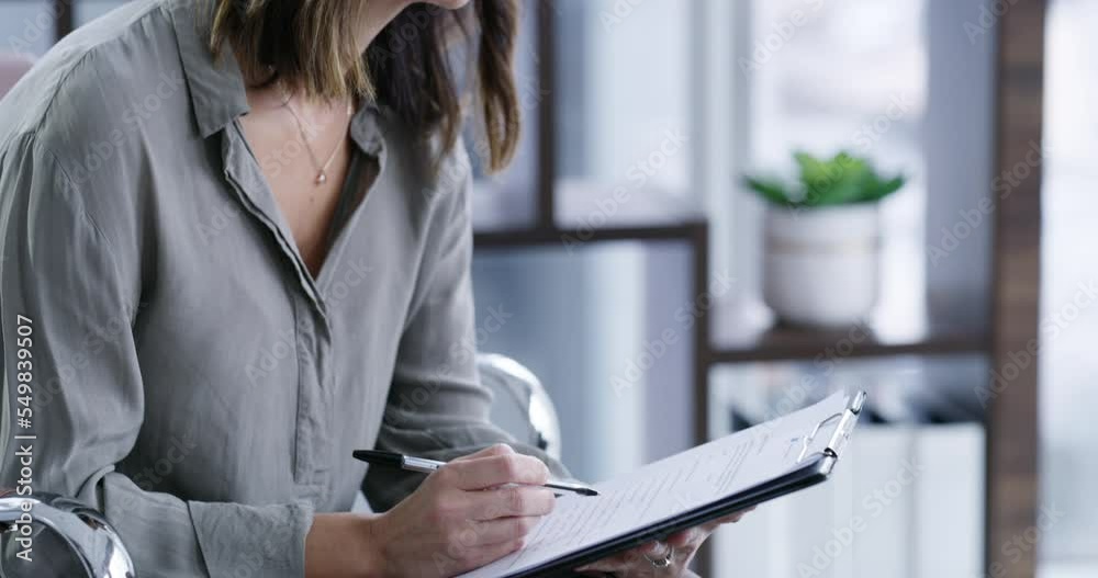 Mental health, psychologist and patient for consulting, therapy and conversation in office. Therapist, client or clipboard for session notes, healthcare or discussion for depression anxiety or stress
