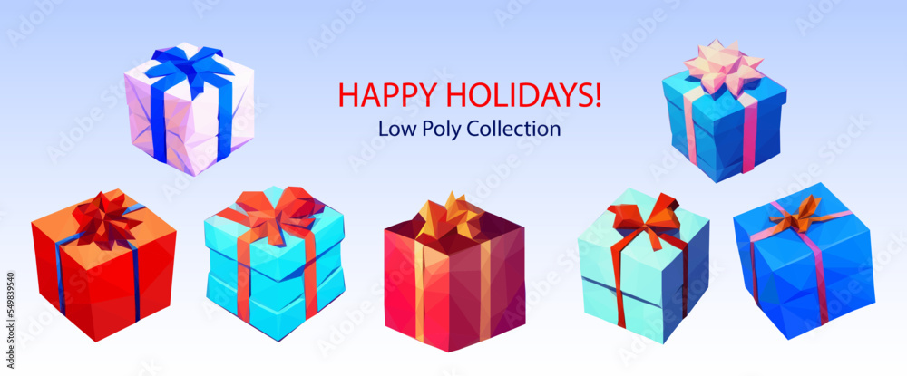 Low poly gifts collection, holidays, birthday  surprise set with isolated paper boxes