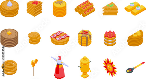 Pancake week icons set isometric vector. Food butter. Honey menu