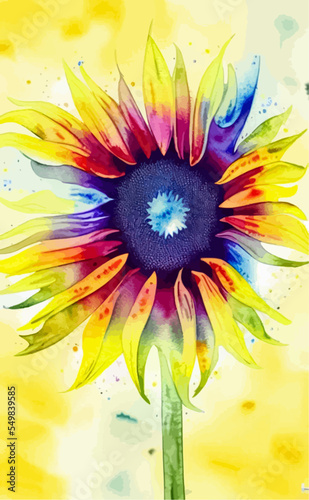 Vector watercolor sunflower on abstract watercolor background, summer wallpaper, beauty fantasy landscape.
