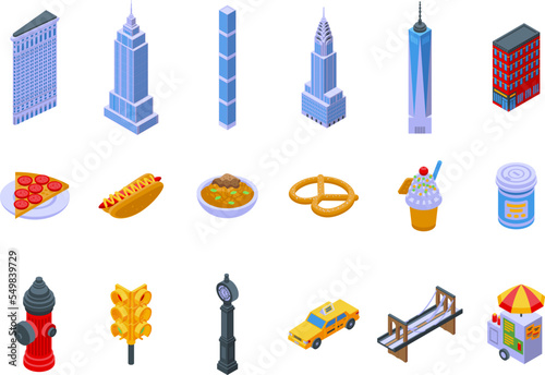 New york icons set isometric vector. City skyline. Nyc street