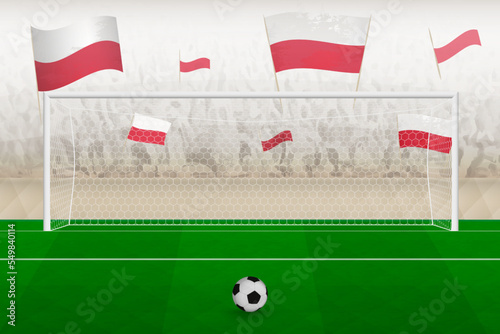 Poland football team fans with flags of Poland cheering on stadium, penalty kick concept in a soccer match.