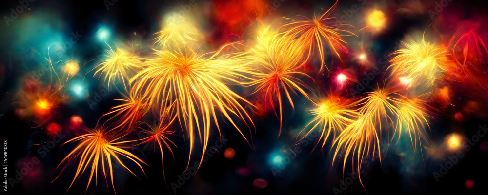 Fototapeta premium abstract illustration of a colorful fireworks on a dark sky as a new year banner theme