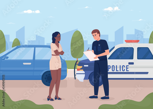 Young angry woman pulled over by police officer flat color vector illustration. Writing out speeding ticket for violation. Fully editable 2D simple cartoon characters with cityscape on background