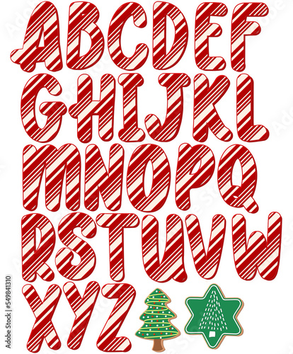 Candy cane sugar cookies alphabet letters set for Christmas Holiday in red and white bubble font on transparent isolated background. 