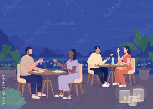 Romantic intimate dinner at resort flat color vector illustration. Enjoying meal and wine with beloved partner in evening. Fully editable 2D simple cartoon characters with night sky on background