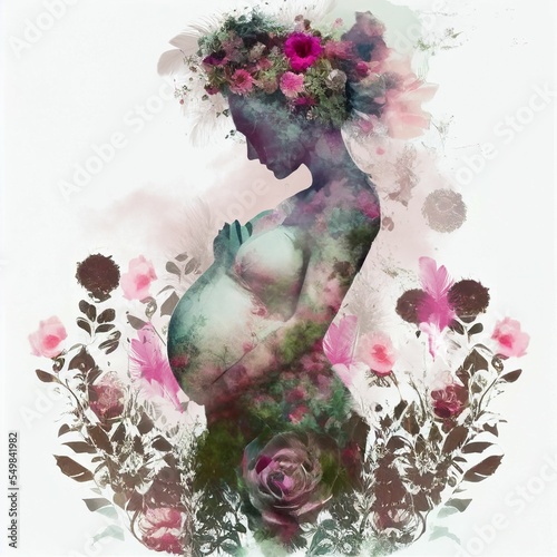 Double exposure portrait beautiful pregnancy woman combined with purple flowers