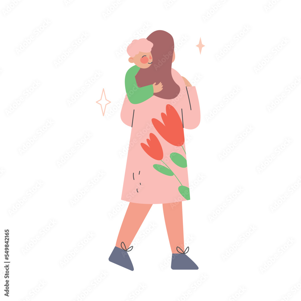 Happy Mother Carrying Her Kid Embracing Him Vector Illustration Happy Mother Carrying Her Kid Embracing Him Vector Illustration
