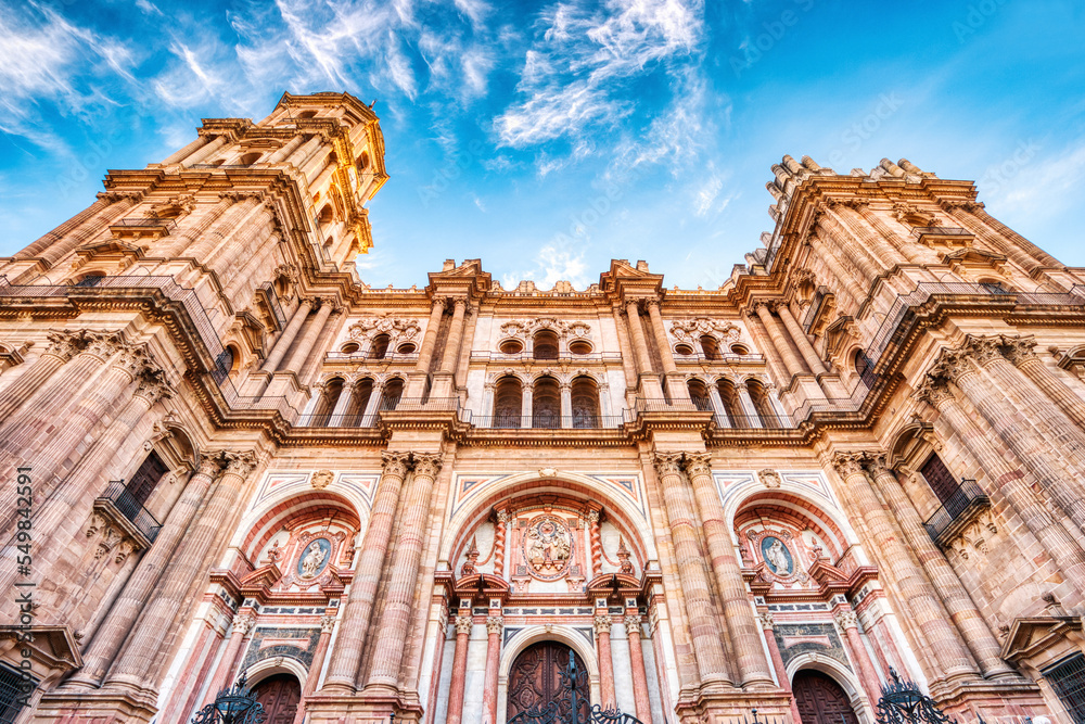 Malaga Cathedral from Plaza Del Obispo at Sunrise with Blue Sky, Malaga, Andalusia