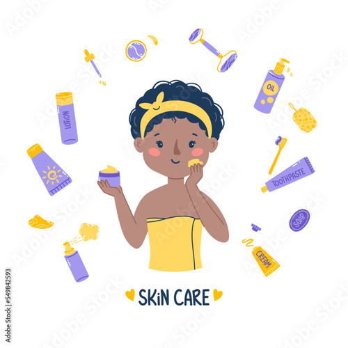 African American woman takes care of her skin and uses face cream. Round frame made of cosmetics. Cute vector illustration isolated on white background