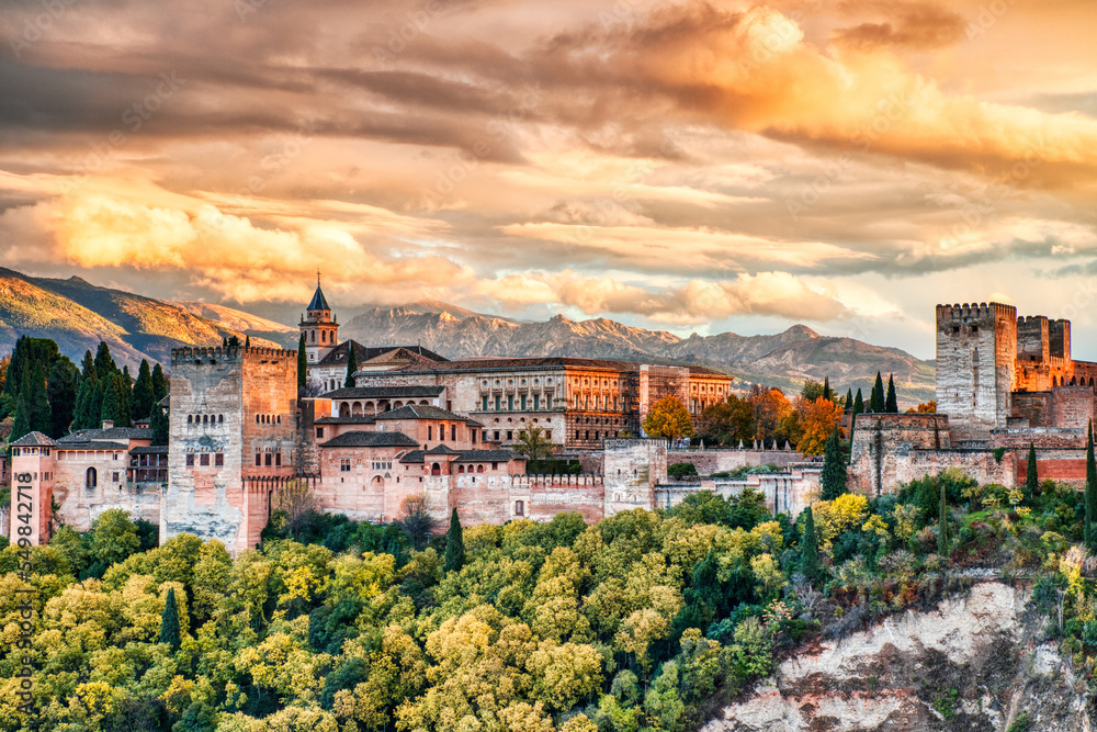 Alhambra Fortress Aerial View at Sunset with Amazing Clouds, Granada, Andalusia