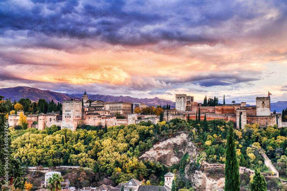 Alhambra Fortress Aerial View at Sunset with Amazing Clouds, Granada, Andalusia