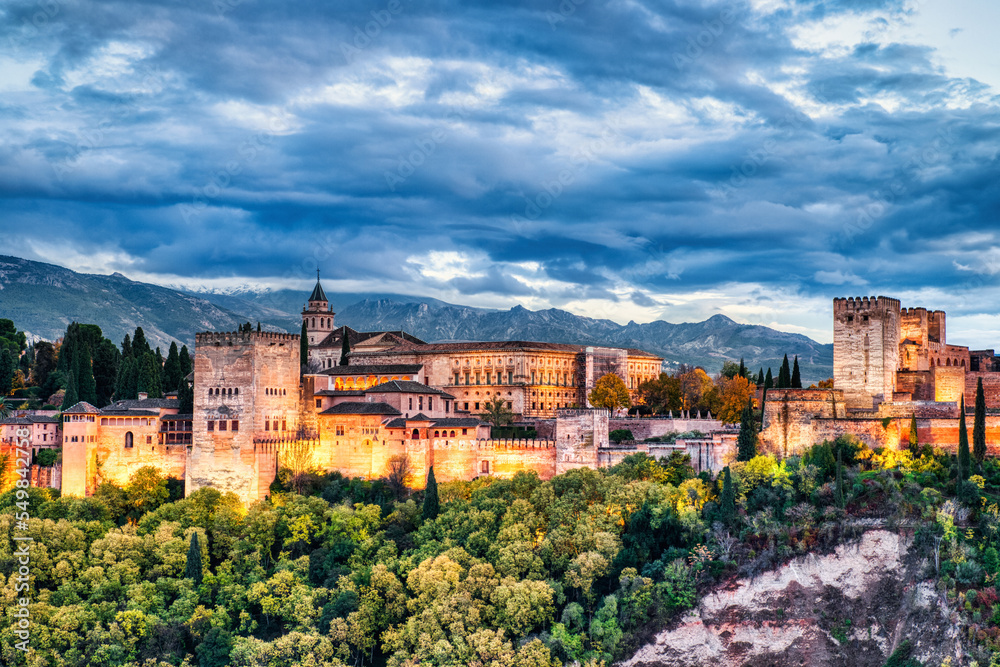 Illuminated Alhambra Fortress Aerial View at Dusk, Granada, Andalusia
