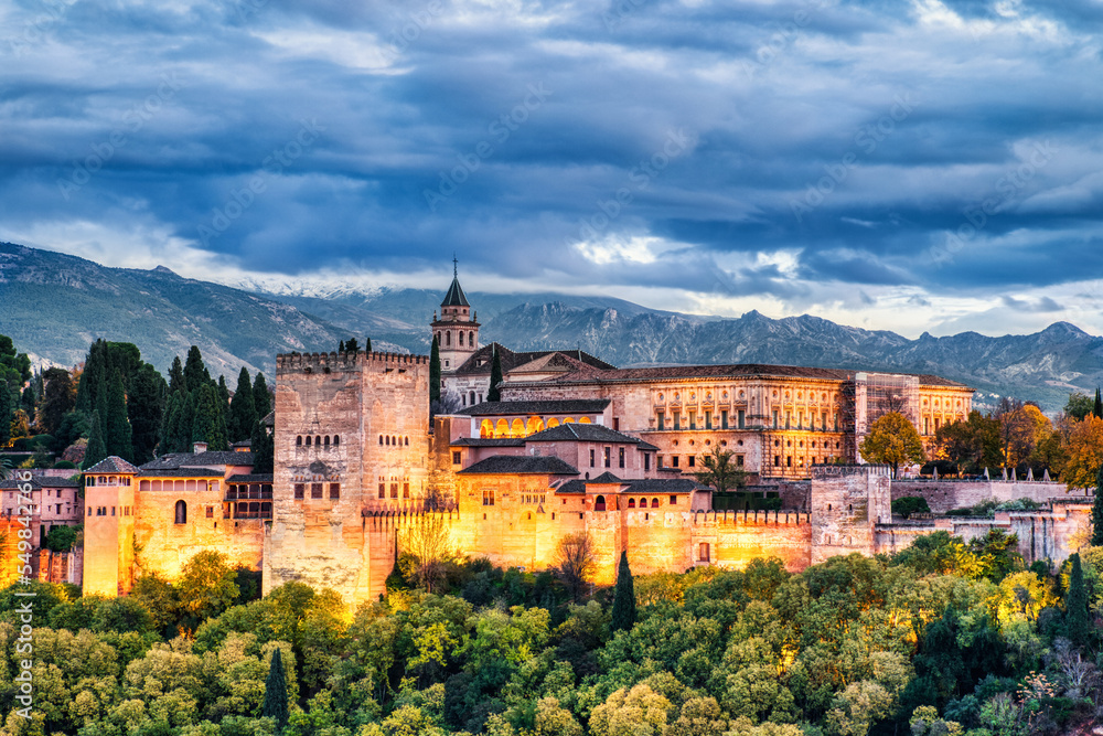 Illuminated Alhambra Fortress Aerial View at Dusk, Granada, Andalusia