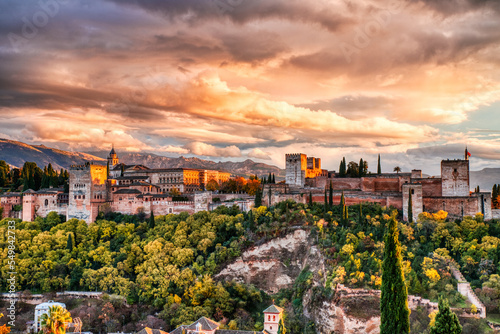 Alhambra Fortress Aerial View at Sunset with Amazing Clouds, Granada, Andalusia