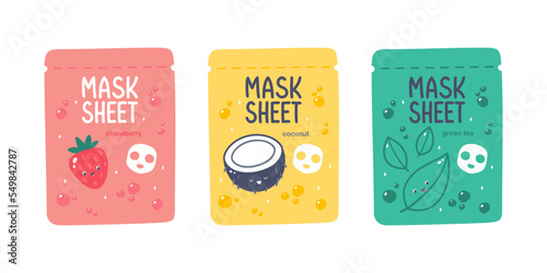 Cute vector face mask sheet packaging design with strawberry, coconut, green tea
