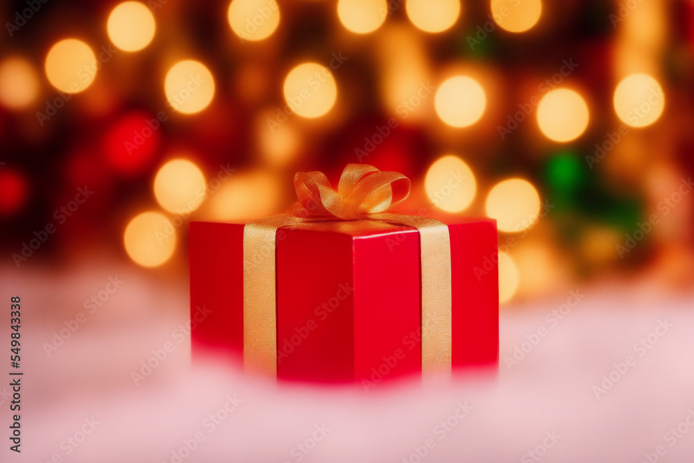 Red gift box with golden bow ribbon, on bokeh background Red gift box with golden bow ribbon, on bokeh background