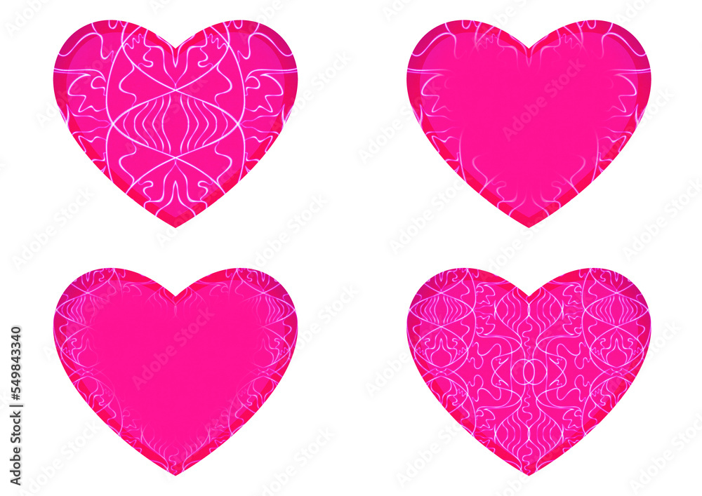 Set of 4 heart shaped valentine's cards. 2 with pattern, 2 with copy space. Neon plastic pink background and glowing pattern on it. Cloth texture. Hearts size about 8x7 inch / 21x18 cm (p02-1ab)