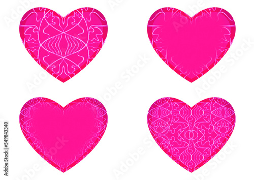 Set of 4 heart shaped valentine s cards. 2 with pattern  2 with copy space. Neon plastic pink background and glowing pattern on it. Cloth texture. Hearts size about 8x7 inch   21x18 cm  p02-1ab 