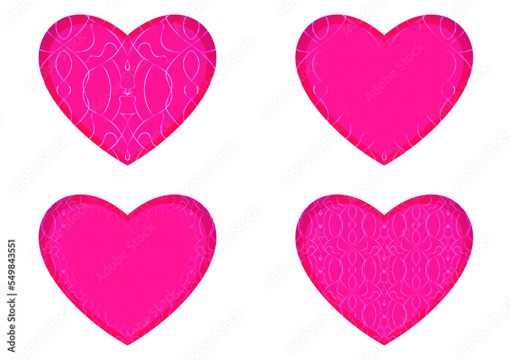 Set of 4 heart shaped valentine's cards. 2 with pattern, 2 with copy space. Neon plastic pink background and glowing pattern on it. Cloth texture. Hearts size about 8x7 inch / 21x18 cm (p08-1bc)