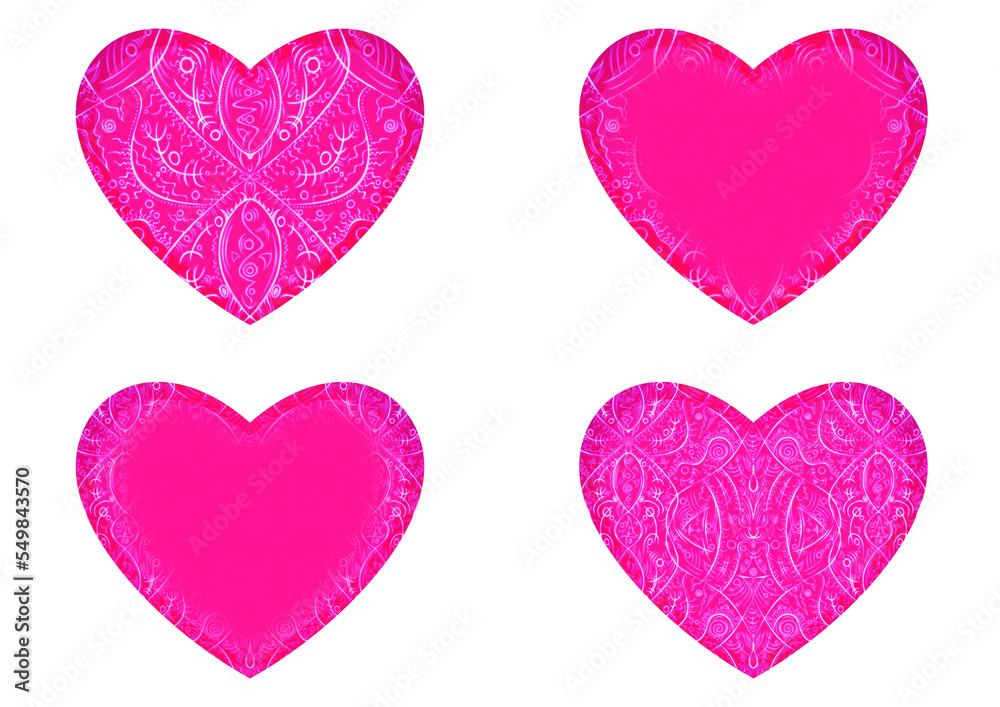 Set of 4 heart shaped valentine's cards. 2 with pattern, 2 with copy space. Neon plastic pink background and glowing pattern on it. Cloth texture. Hearts size about 8x7 inch / 21x18 cm (p08-2ab)