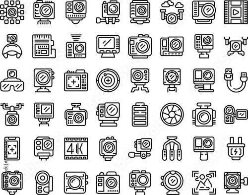 Camera go pro icons set outline vector. Action camera. 4k cam