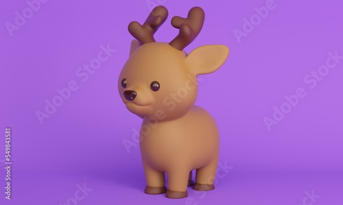 Cute cartoon brown deer on lilac background. 3d rendering