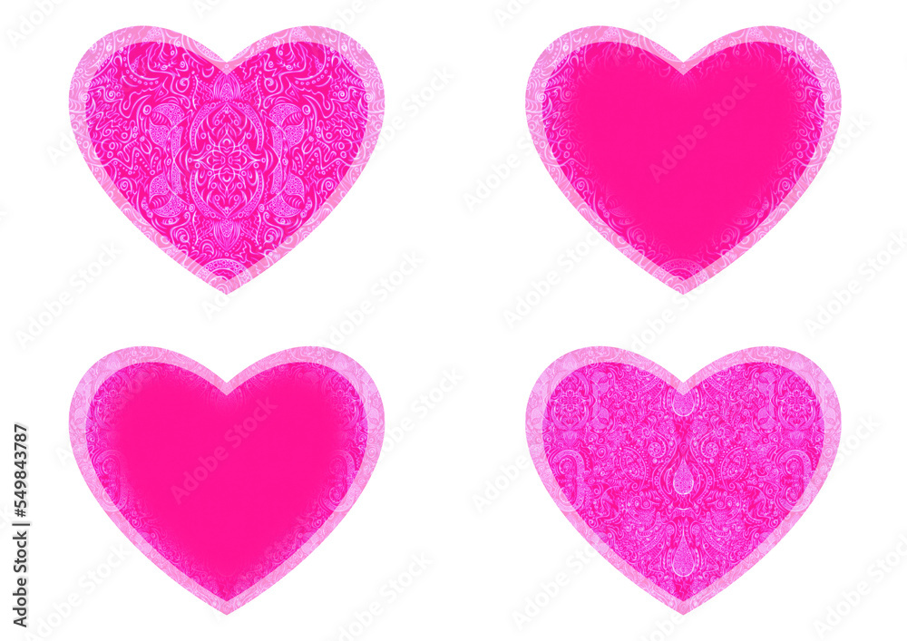 Set of 4 heart shaped valentine's cards. 2 with pattern, 2 with copy space. Neon plastic pink background and glowing pattern on it. Cloth texture. Hearts size about 8x7 inch / 21x18 cm (p01ab)