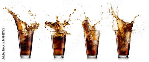 Four cola with ice cubes glasses splash on white background