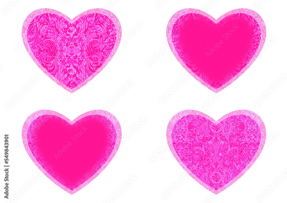 Set of 4 heart shaped valentine's cards. 2 with pattern, 2 with copy space. Neon plastic pink background and glowing pattern on it. Cloth texture. Hearts size about 8x7 inch / 21x18 cm (p04ab)